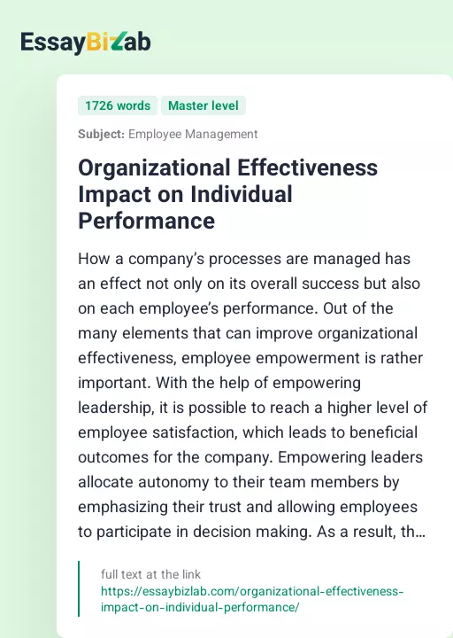 Organizational Effectiveness Impact on Individual Performance - Essay Preview