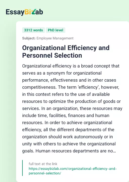 Organizational Efficiency and Personnel Selection - Essay Preview