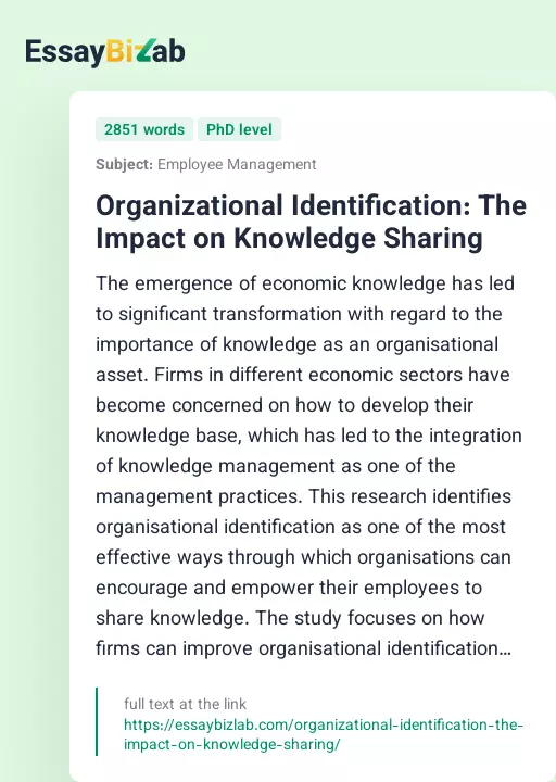 Organizational Identification: The Impact on Knowledge Sharing - Essay Preview