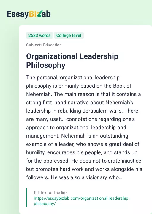 Organizational Leadership Philosophy - Essay Preview