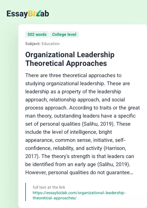 Organizational Leadership Theoretical Approaches - Essay Preview