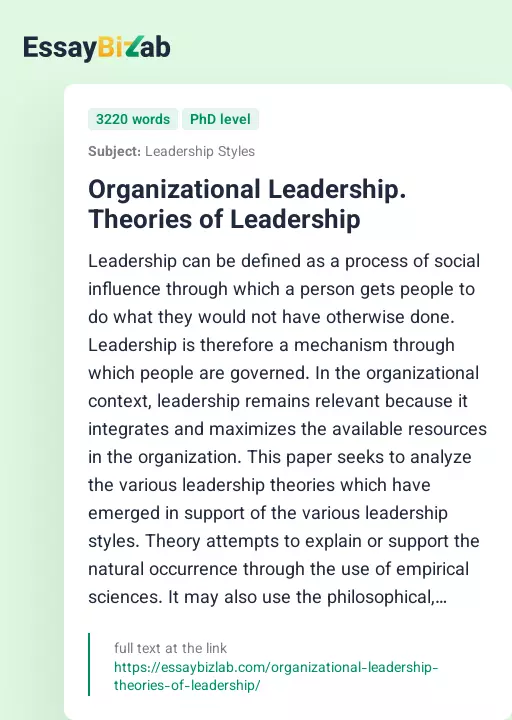 Organizational Leadership. Theories of Leadership - Essay Preview