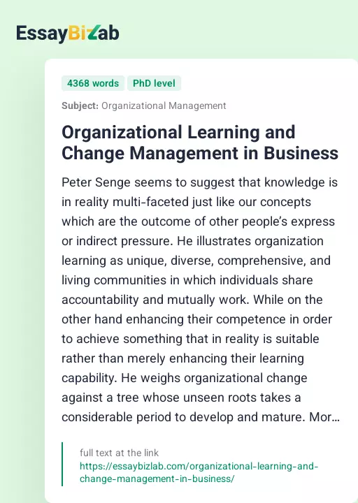 Organizational Learning and Change Management in Business - Essay Preview