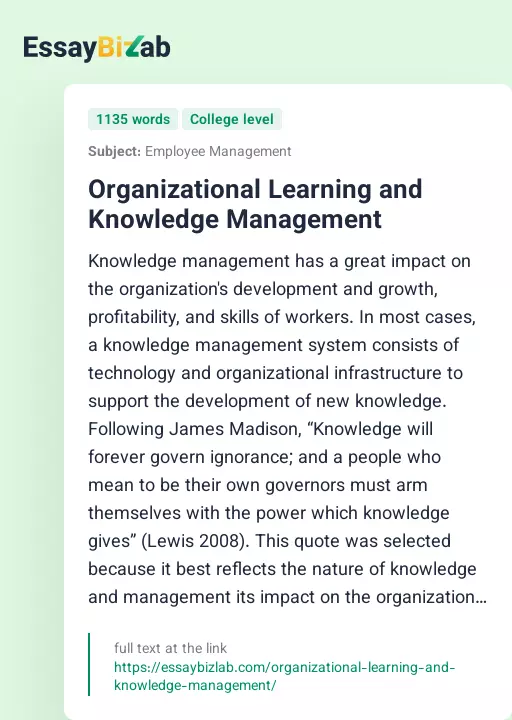 Organizational Learning and Knowledge Management - Essay Preview
