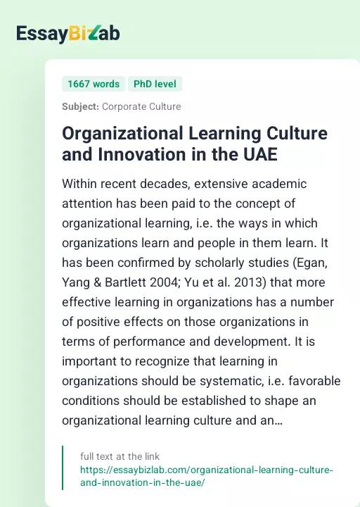 Organizational Learning Culture and Innovation in the UAE - Essay Preview