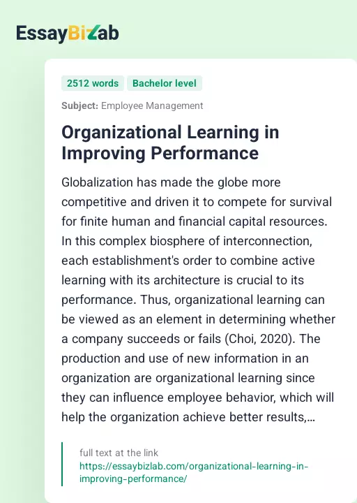 Organizational Learning in Improving Performance - Essay Preview