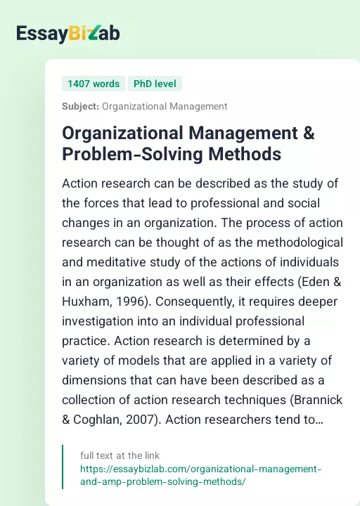 Organizational Management & Problem-Solving Methods - Essay Preview