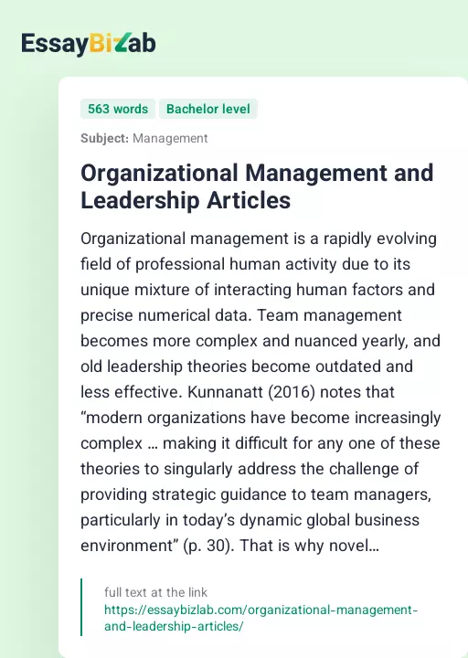 Organizational Management and Leadership Articles - Essay Preview