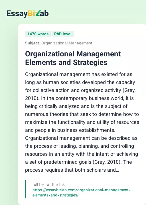 Organizational Management Elements and Strategies - Essay Preview