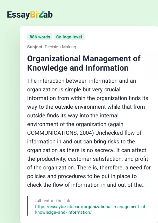 Organizational Management of Knowledge and Information - Essay Preview