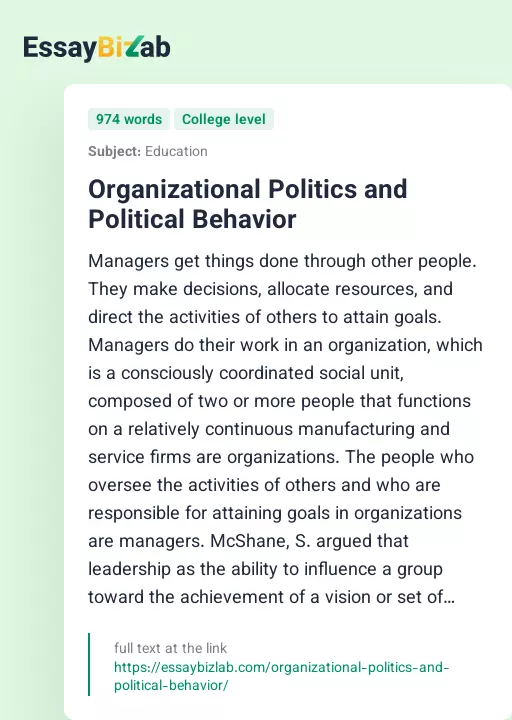 Organizational Politics and Political Behavior - Essay Preview