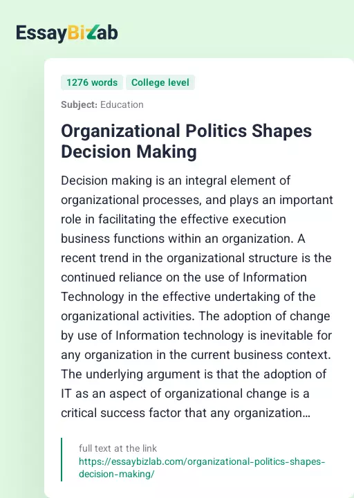 Organizational Politics Shapes Decision Making - Essay Preview