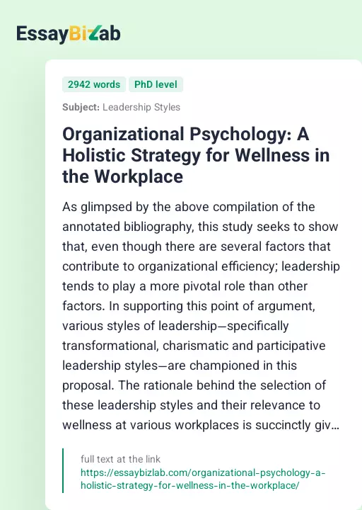 Organizational Psychology: A Holistic Strategy for Wellness in the Workplace - Essay Preview