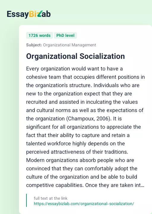 Organizational Socialization - Essay Preview