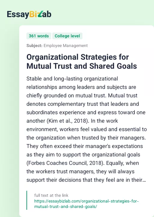 Organizational Strategies for Mutual Trust and Shared Goals - Essay Preview