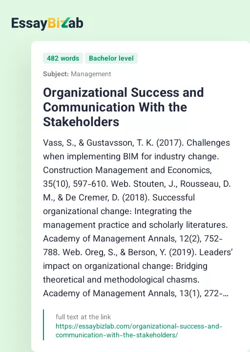 Organizational Success and Communication With the Stakeholders - Essay Preview