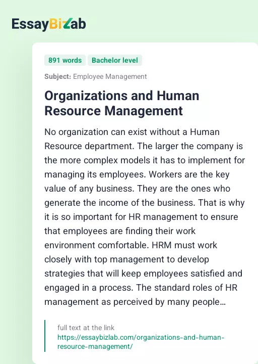 Organizations and Human Resource Management - Essay Preview