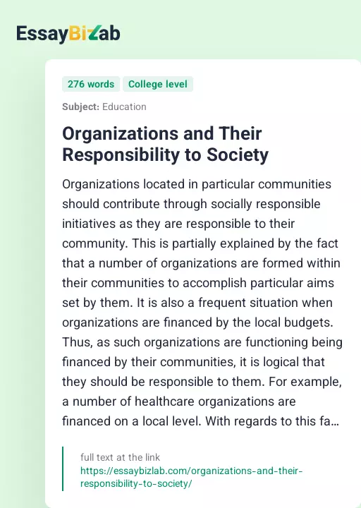 Organizations and Their Responsibility to Society - Essay Preview