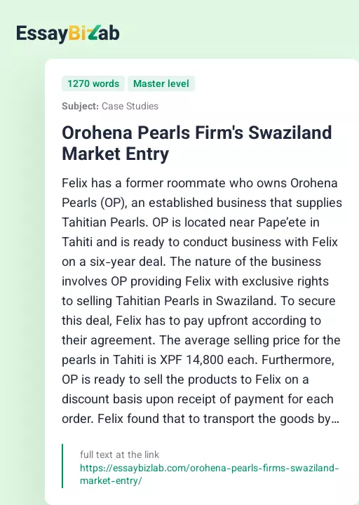 Orohena Pearls Firm's Swaziland Market Entry - Essay Preview