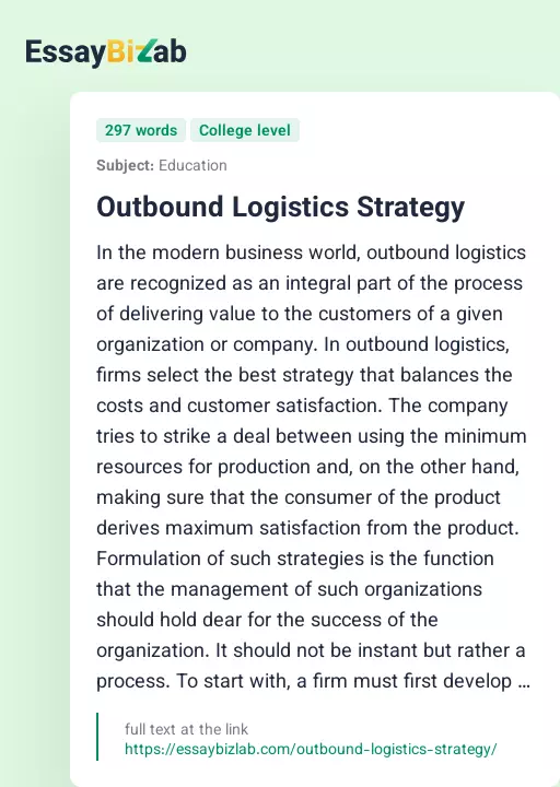 Outbound Logistics Strategy - Essay Preview