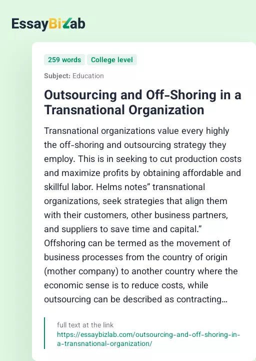 Outsourcing and Off-Shoring in a Transnational Organization - Essay Preview