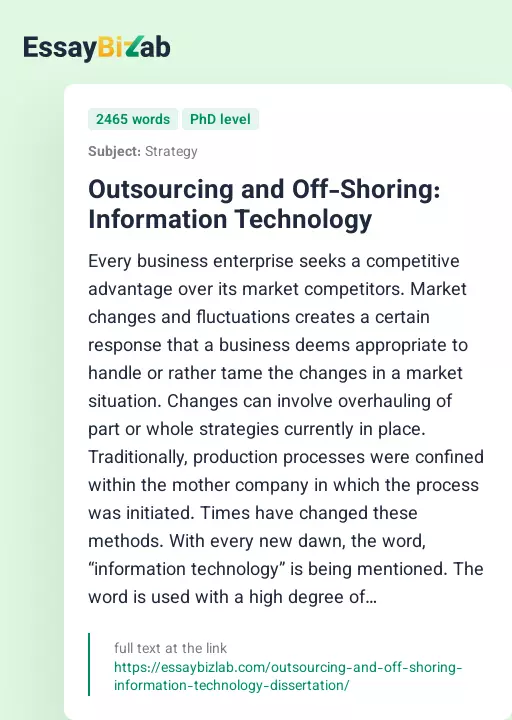 Outsourcing and Off-Shoring: Information Technology - Essay Preview