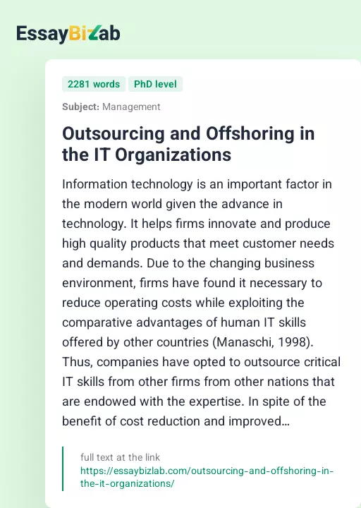 Outsourcing and Offshoring in the IT Organizations - Essay Preview
