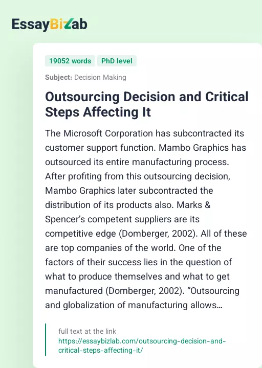 Outsourcing Decision and Critical Steps Affecting It - Essay Preview