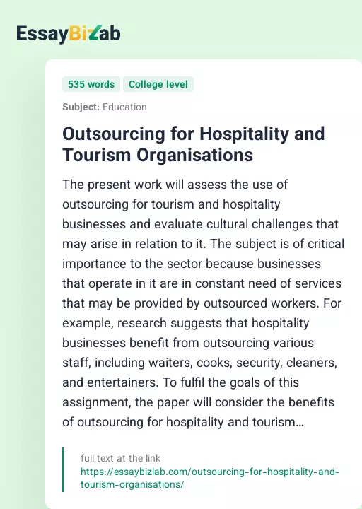 Outsourcing for Hospitality and Tourism Organisations - Essay Preview