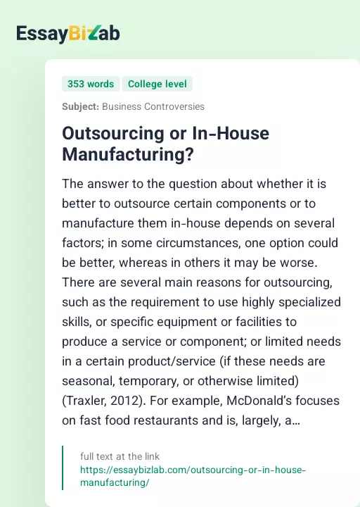 Outsourcing or In-House Manufacturing? - Essay Preview