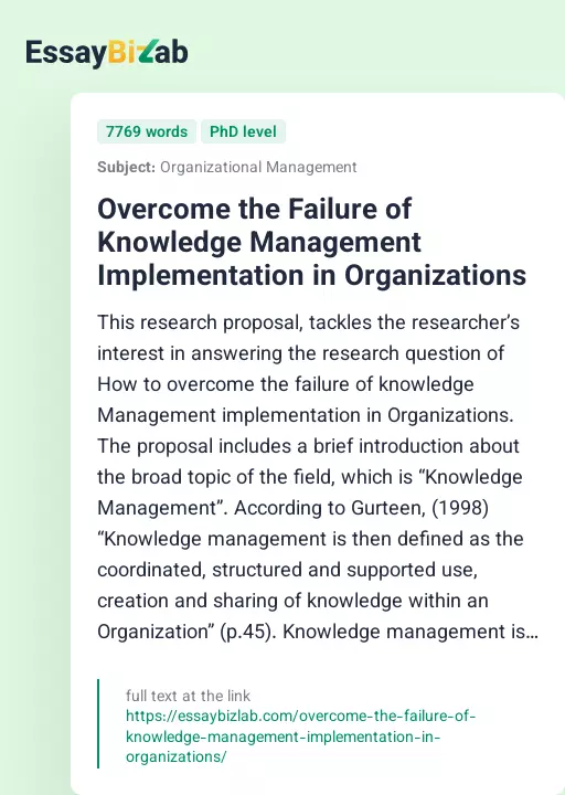 Overcome the Failure of Knowledge Management Implementation in Organizations - Essay Preview