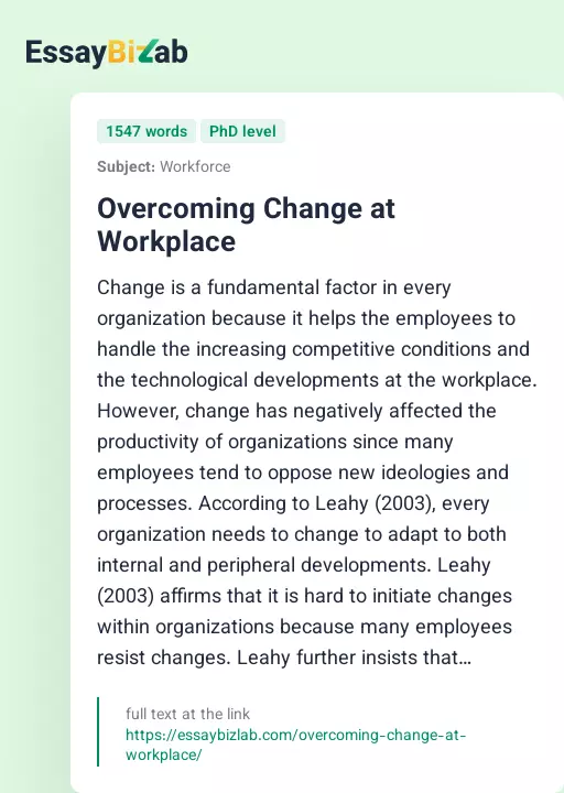 Overcoming Change at Workplace - Essay Preview