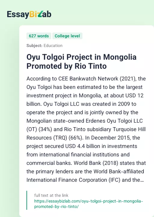 Oyu Tolgoi Project in Mongolia Promoted by Rio Tinto - Essay Preview