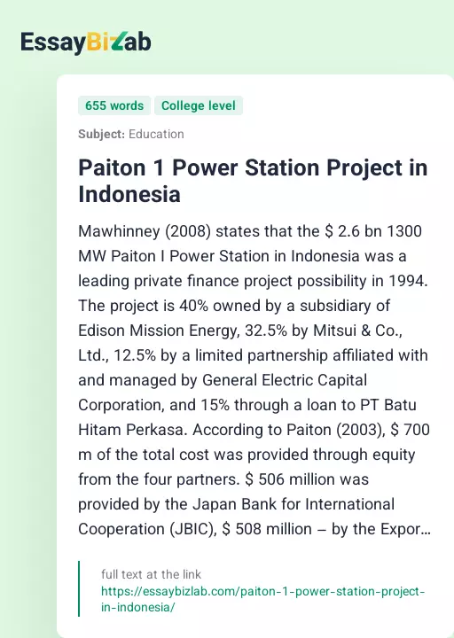 Paiton 1 Power Station Project in Indonesia - Essay Preview