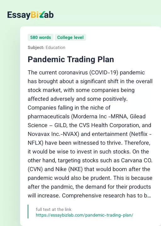 Pandemic Trading Plan - Essay Preview