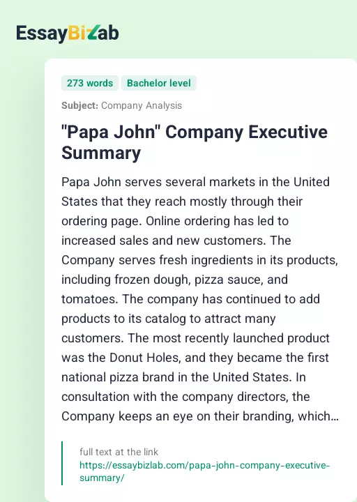 "Papa John" Company Executive Summary - Essay Preview