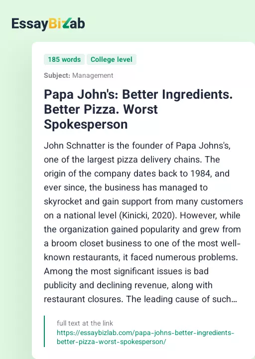 Papa John's: Better Ingredients. Better Pizza. Worst Spokesperson - Essay Preview