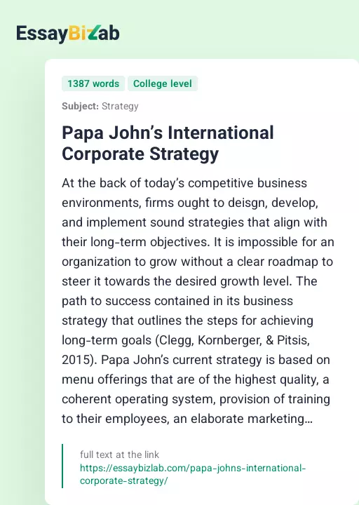 Papa John’s International Corporate Strategy - Essay Preview