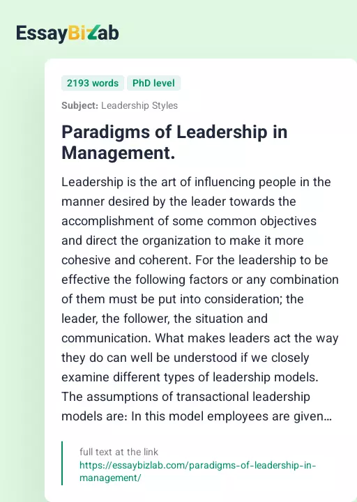 Paradigms of Leadership in Management. - Essay Preview