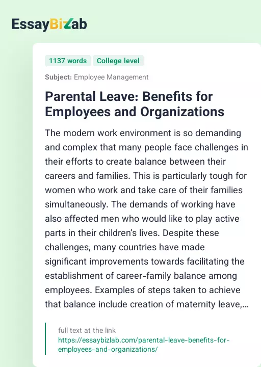Parental Leave: Benefits for Employees and Organizations - Essay Preview
