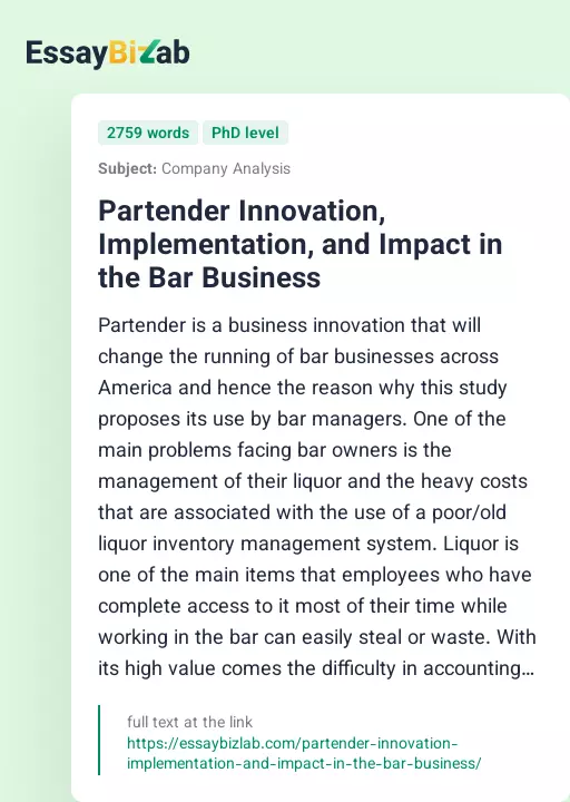 Partender Innovation, Implementation, and Impact in the Bar Business - Essay Preview