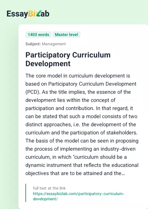 Participatory Curriculum Development - Essay Preview