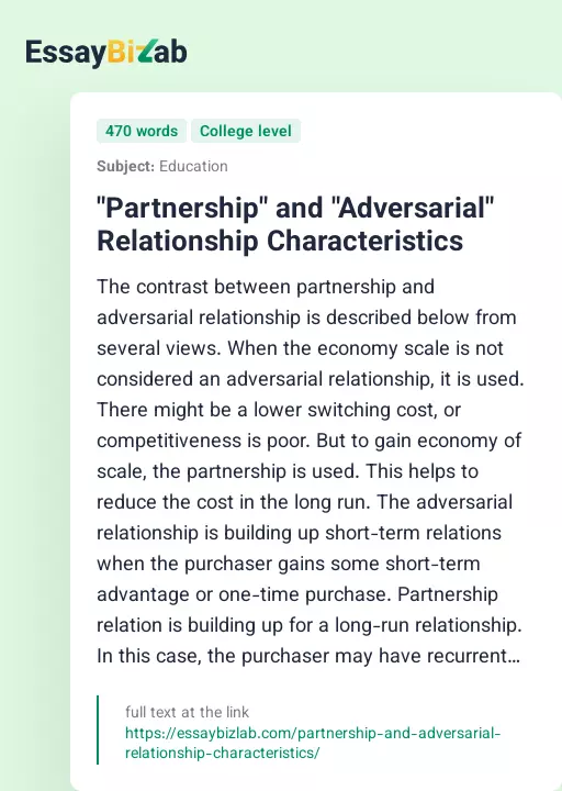 "Partnership" and "Adversarial" Relationship Characteristics - Essay Preview