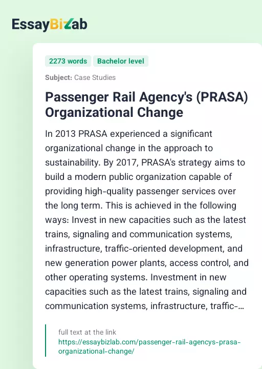 Passenger Rail Agency's (PRASA) Organizational Change - Essay Preview