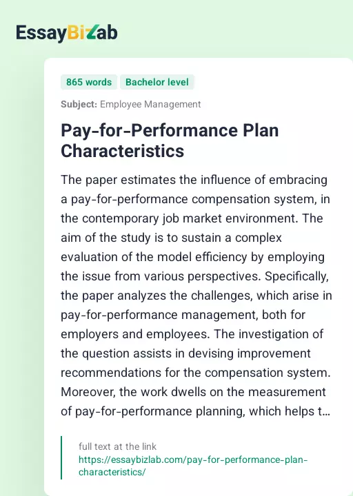 Pay-for-Performance Plan Characteristics - Essay Preview
