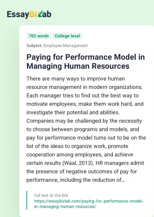 Paying for Performance Model in Managing Human Resources - Essay Preview