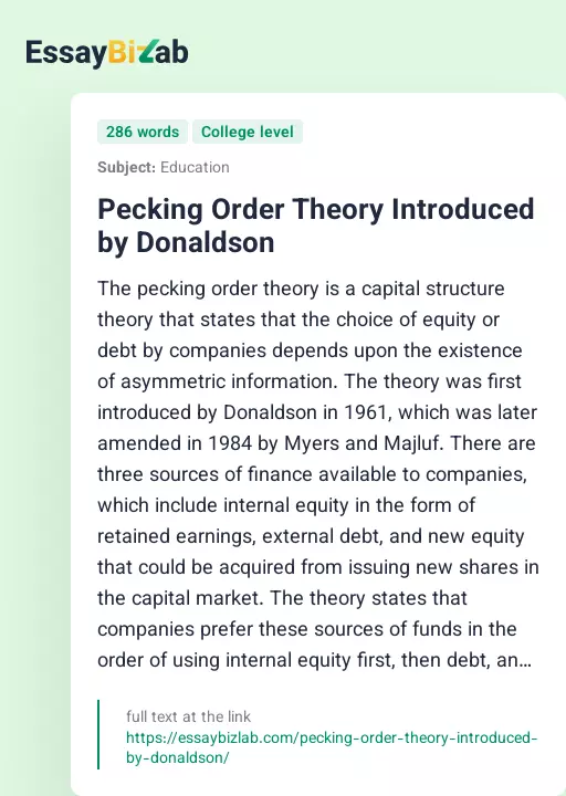 Pecking Order Theory Introduced by Donaldson - Essay Preview
