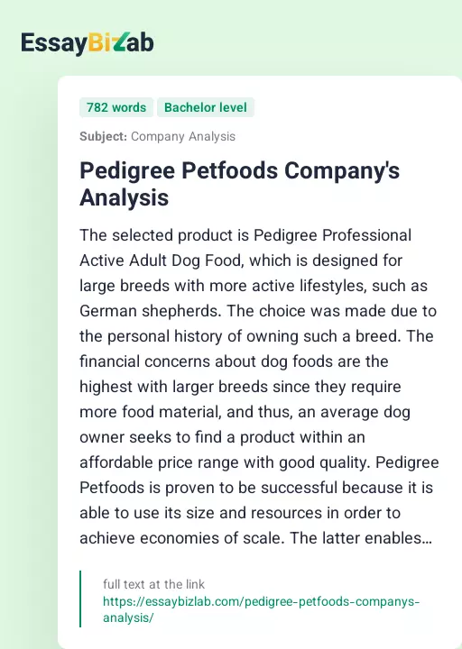 Pedigree Petfoods Company's Analysis - Essay Preview