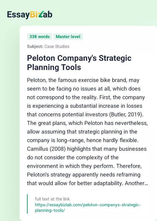 Peloton Company's Strategic Planning Tools - Essay Preview