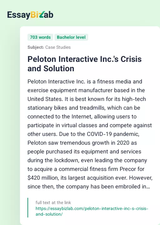 Peloton Interactive Inc.'s Crisis and Solution - Essay Preview